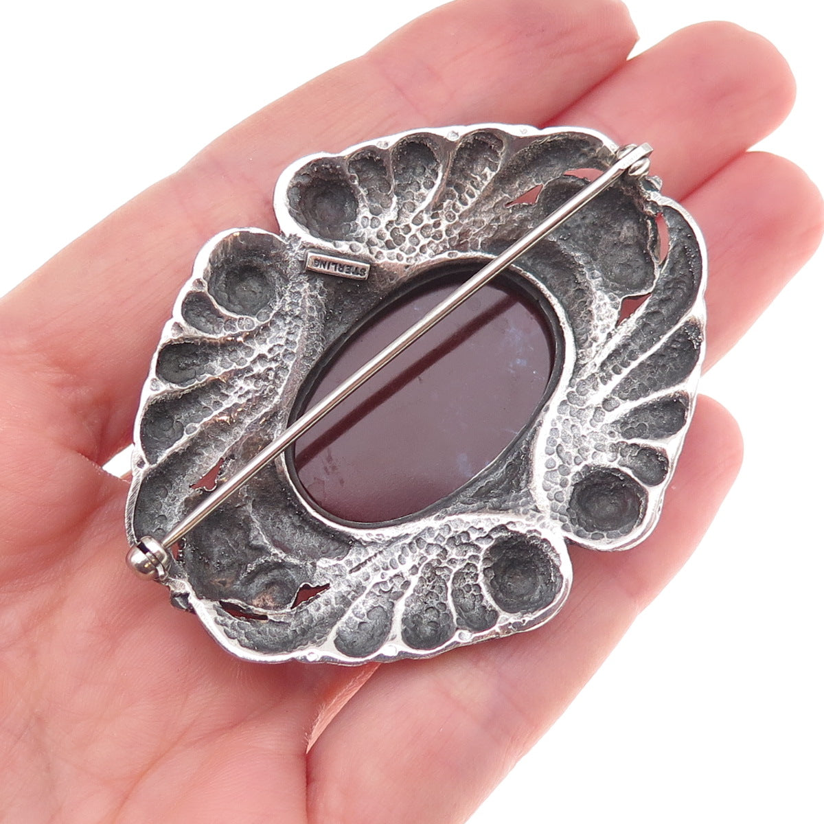 925 Sterling Silver Vintage Real Carnelian Modernist Oxidized Pin Brooch