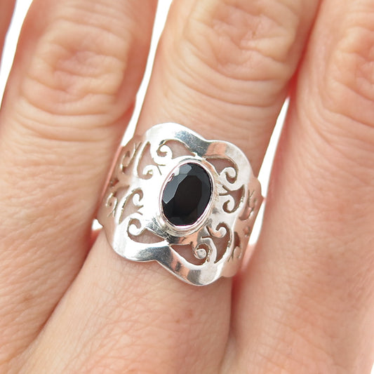 925 Sterling Silver Vintage Real Black Onyx Modernist Ornate Ring Size 7.5