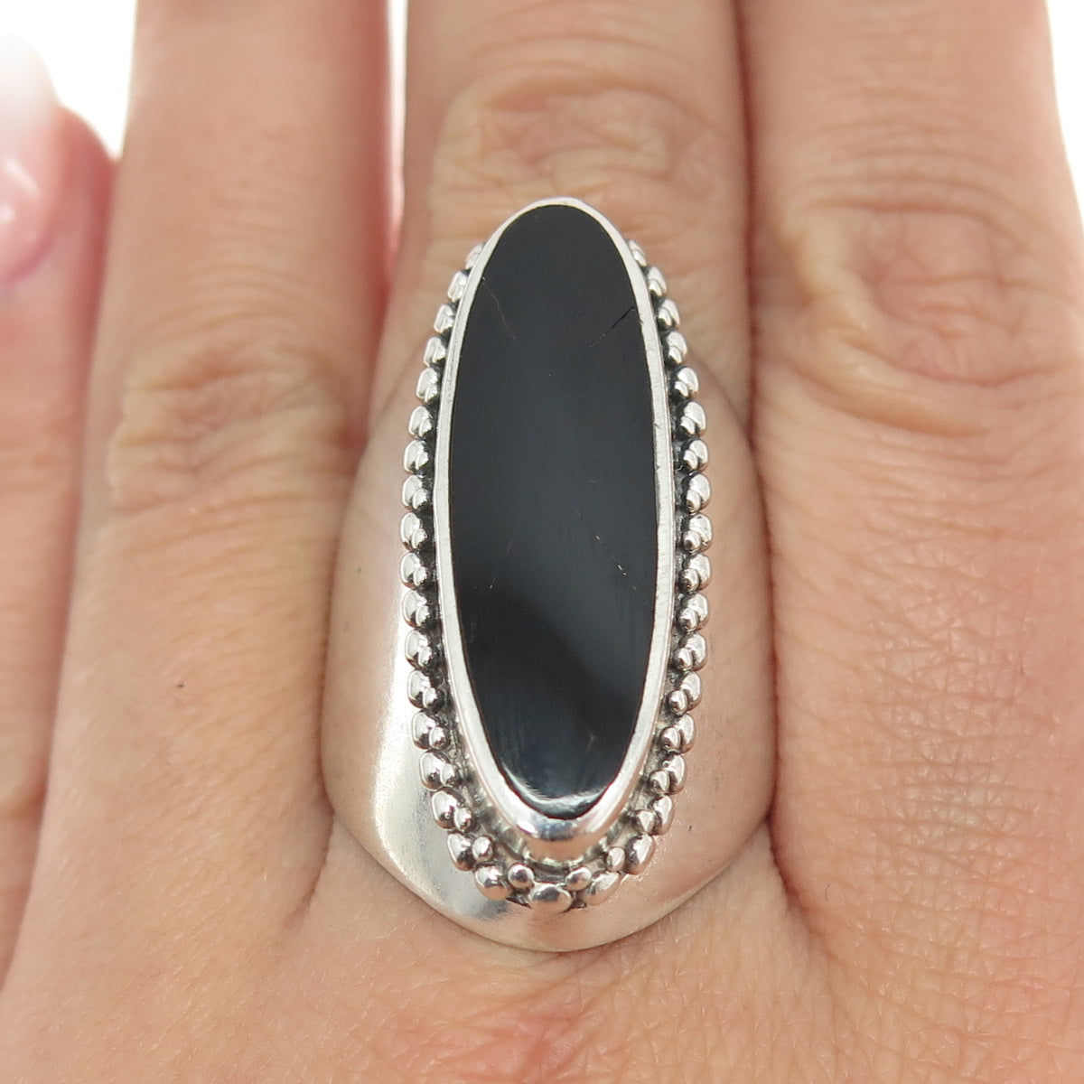 925 Sterling Silver Vintage Real Black Onyx Gemstone Statement Ring Size 9.25