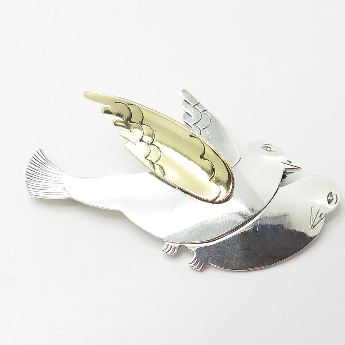 925 Sterling Silver 2-Tone Vintage Mexico Couple of Birds Pin Brooch