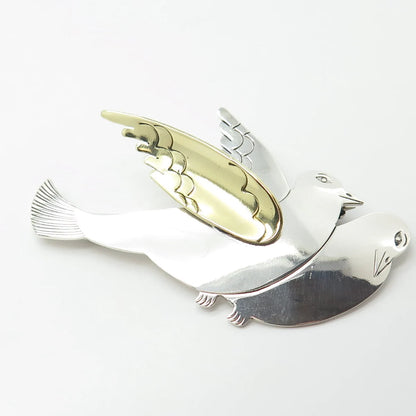 925 Sterling Silver 2-Tone Vintage Mexico Couple of Birds Pin Brooch