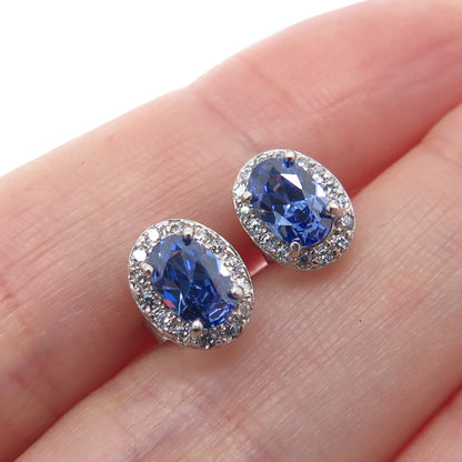925 Sterling Silver Oval & Round-Cut Blue White C Z Stud Earrings