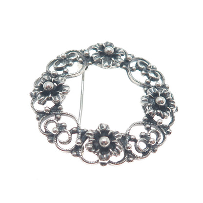 DANECRAFT 925 Sterling Silver Antique Flower & Heart Circle Oxidized Pin Brooch