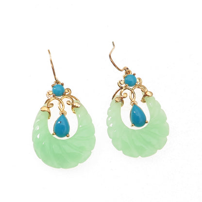 925 Sterling Silver Gold Plated Real Turquoise & Jade Teardrop Dangle Earrings