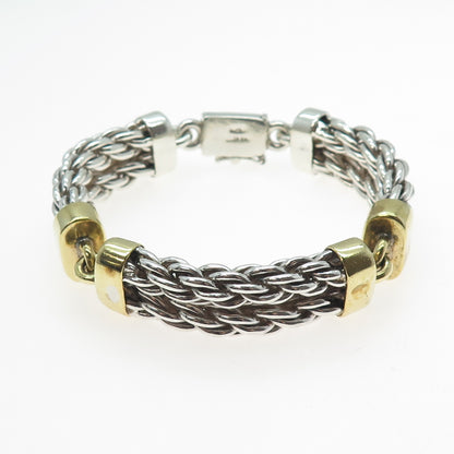 925 Sterling Silver & Brass Vintage Mexico Twisted Rope Panel Link Bracelet 7"
