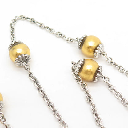 925 Sterling Silver 2-Tone Vintage Ball Station & Rolo Chain Necklace 19"