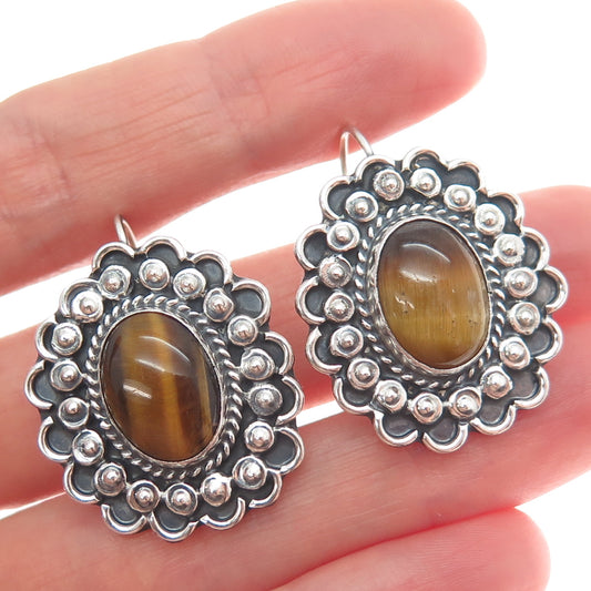 925 Sterling Silver Vintage Mexico Real Tiger Eye Flower Oxidized Earrings