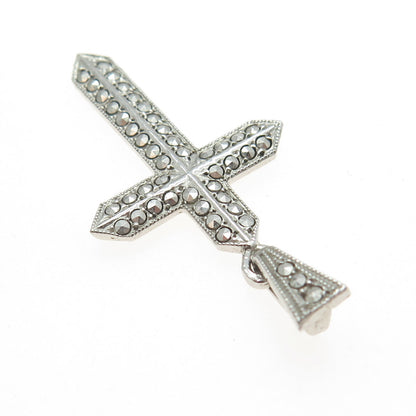 925 Sterling Silver Antique Art Deco Real Marcasite Gemstone Cross Pendant