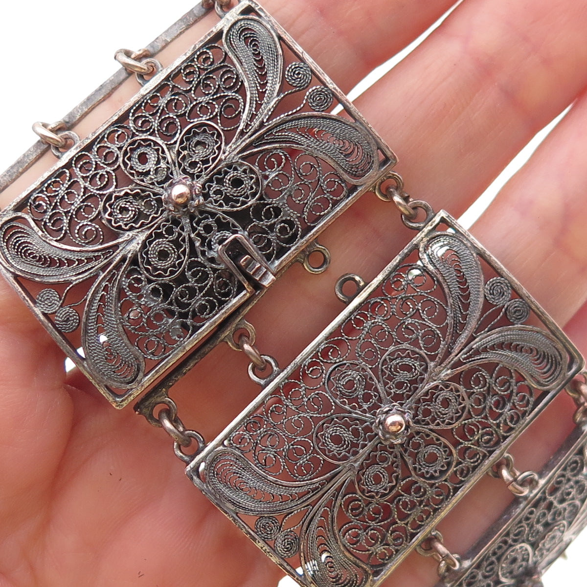 Silver-Tone Antique Art Deco Real MOP Cameo Filigree Panel Link Bracelet 8"