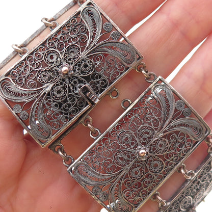 Silver-Tone Antique Art Deco Real MOP Cameo Filigree Panel Link Bracelet 8"
