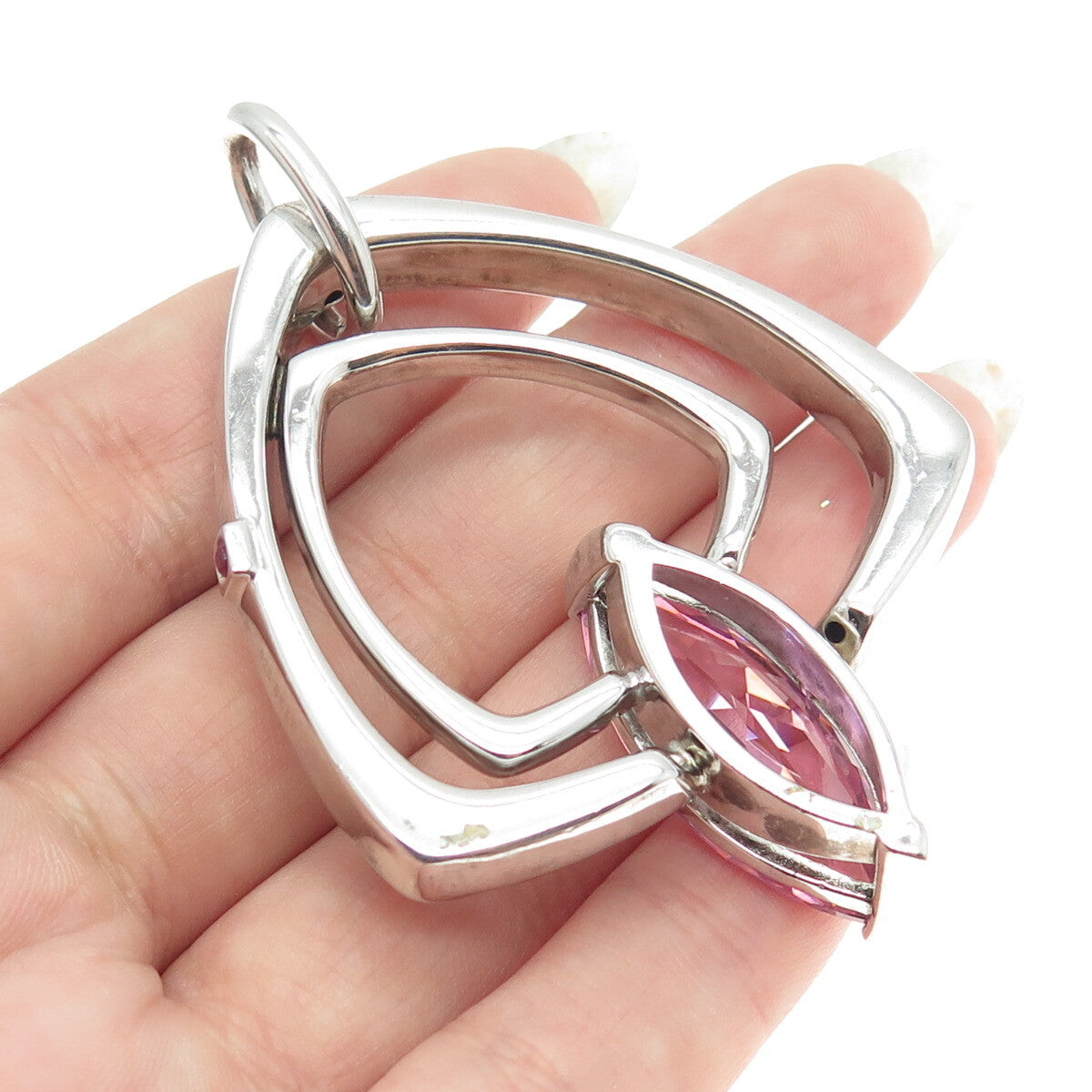 ELLE 925 Sterling Silver Marquise-Cut Pink C Z Modernist Large Pendant