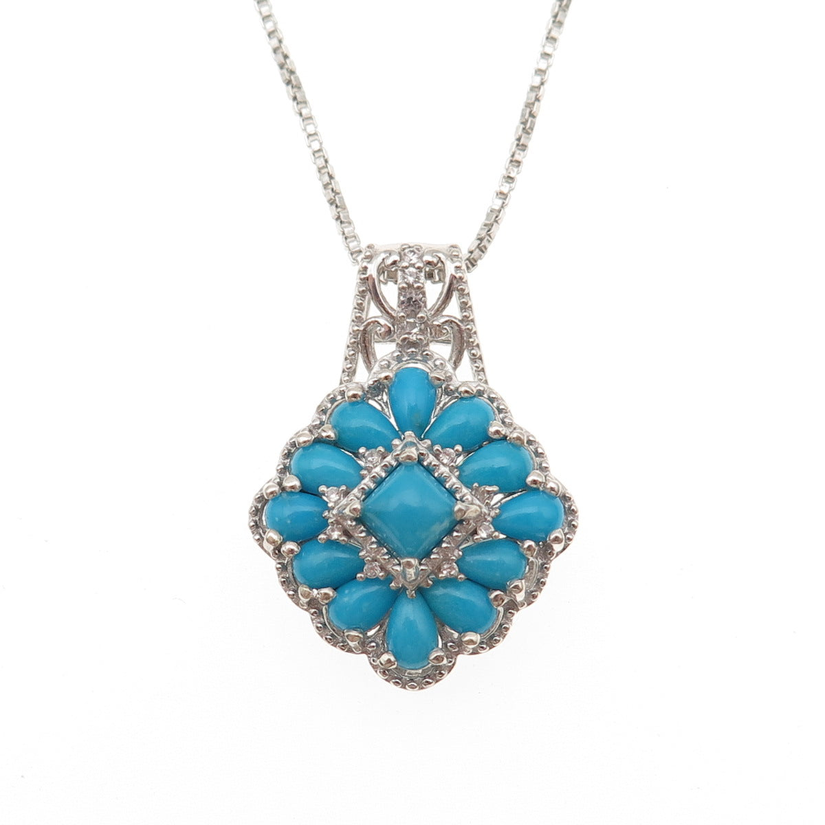 Chuck Clemency 925 Sterling Silver Real Turquoise & Topaz Box Chain Necklace 20"