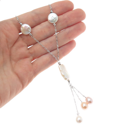 925 Sterling Silver Vintage Real Pearl Tassel Station Chain Necklace 16"