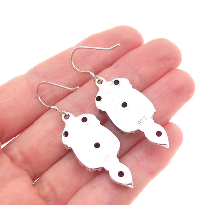925 Sterling Silver Vintage Real Red Garnet Ornate Dangle Earrings