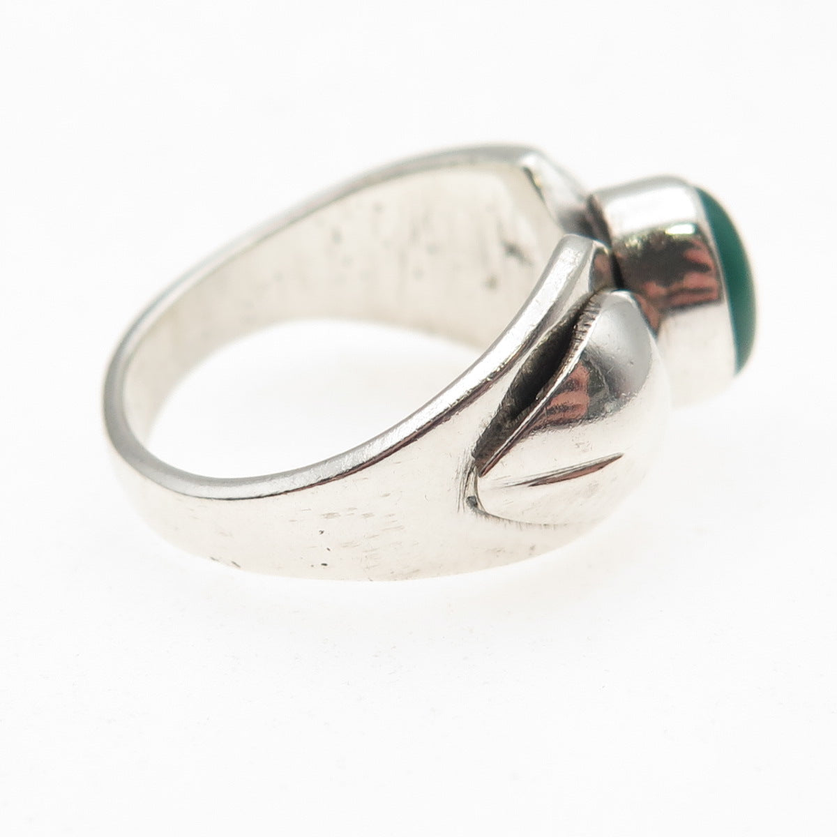 925 Sterling Silver Vintage Real Green Onyx Modernist Oxidized Ring Size 7.75