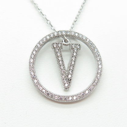 925 Sterling Silver Round-Cut C Z Letter "V" Initial Cable Chain Necklace 16-18"