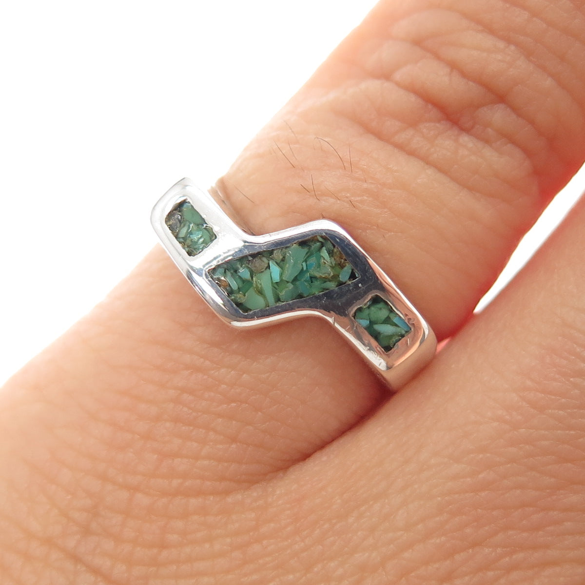 Old Pawn 925 Sterling Silver Vintage Southwestern Turquoise Inlay Ring Size 3.75