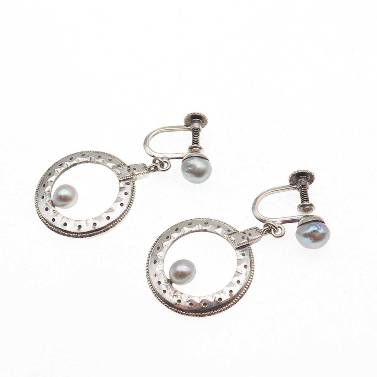 925 Sterling Silver Antique Art Deco Real Pearl Dangle Screw Back Earrings