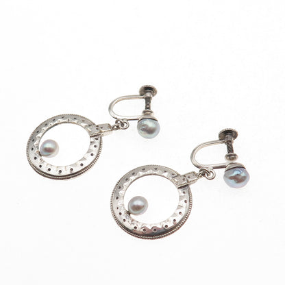 925 Sterling Silver Antique Art Deco Real Pearl Dangle Screw Back Earrings