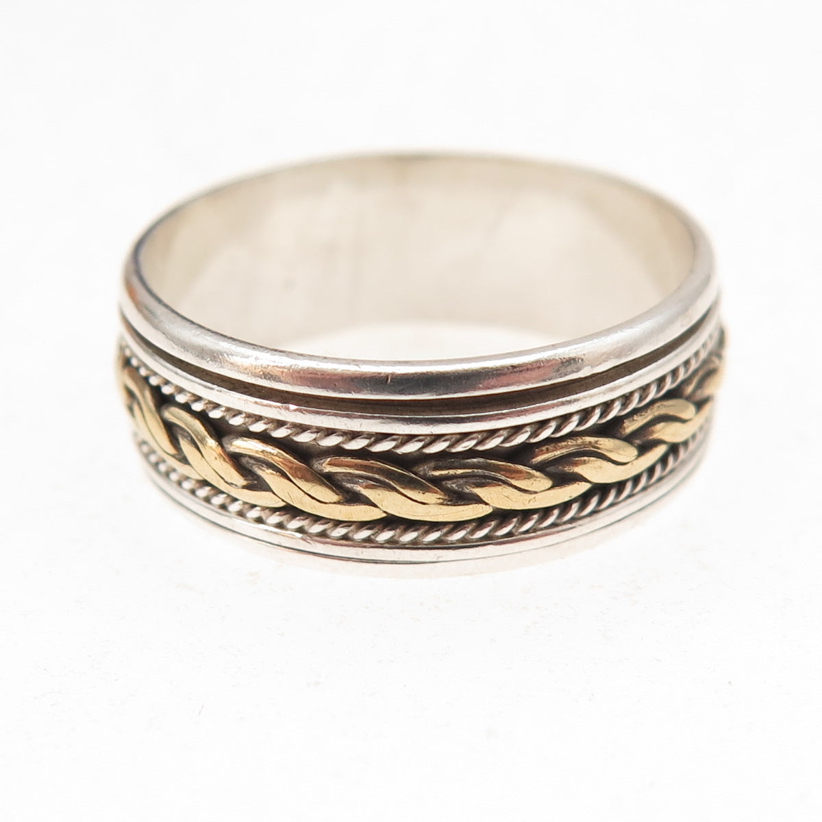 925 Sterling Silver 2-Tone Vintage Woven Rotating Oxidized Band Ring Size 10