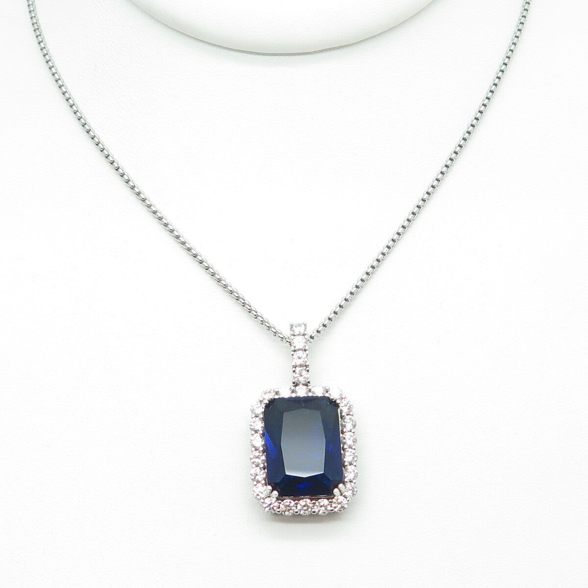 925 Sterling Silver Blue Glass & White C Z Round Box Chain Necklace 16"