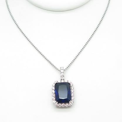 925 Sterling Silver Blue Glass & White C Z Round Box Chain Necklace 16"
