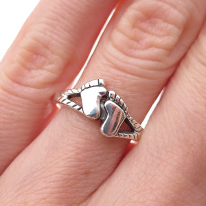 925 Sterling Silver Vintage Baby Footprints Oxidized Ring Size 6