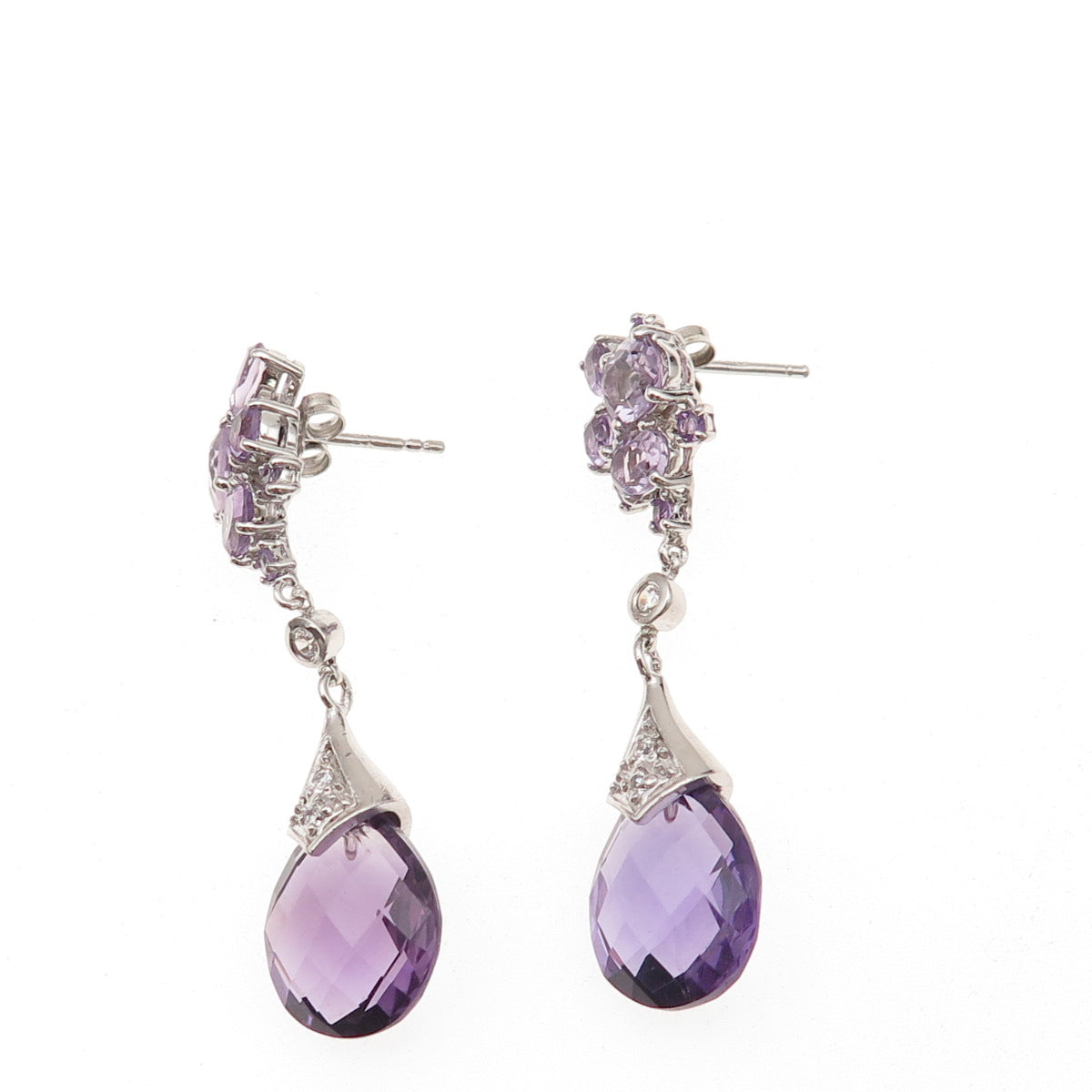 925 Sterling Silver Real Amethyst & C Z Drop Dangle Earrings