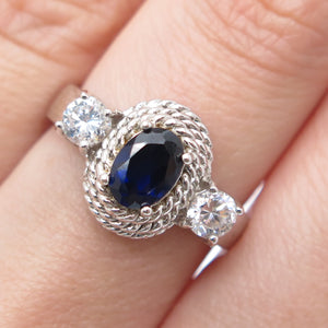 925 Sterling Silver Real Sapphire Gemstone & C Z Roped Bezel Ring Size 7.25