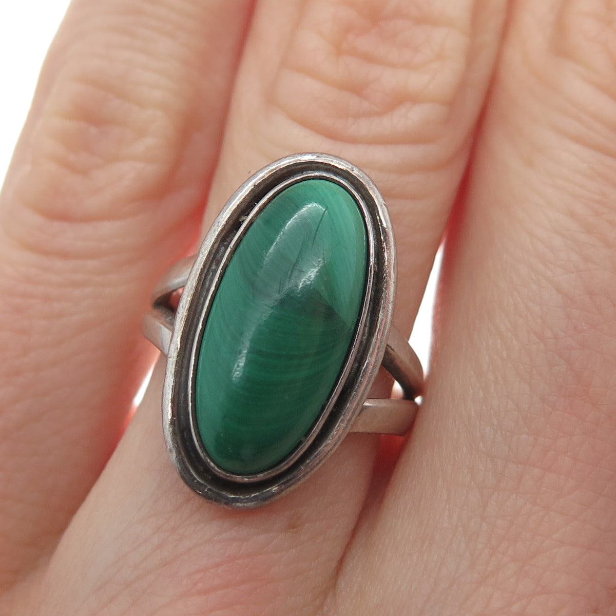 Old Pawn 925 Sterling Silver Vintage Real Malachite Gem Oxidized Ring Size 5