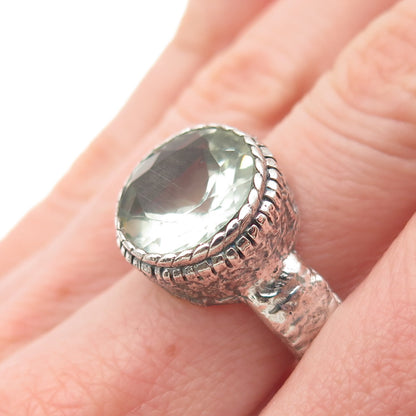 925 Sterling Silver Vintage Real Green Amethyst Modernist Oxidized Ring Size 9