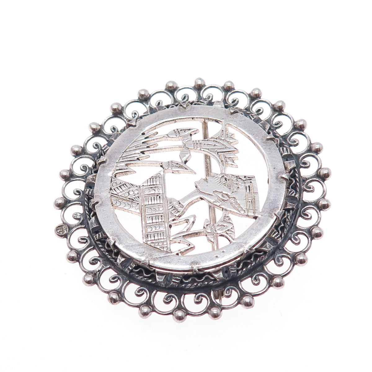 800 Silver Vintage Egypt Storyteller Pharaoh Oxidized Pin Brooch