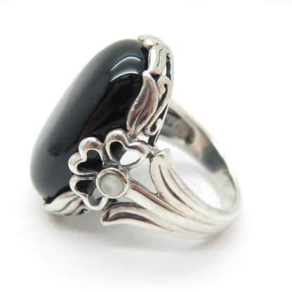 SX SALLY C 925 Sterling Silver Vintage Real Black Onyx & MOP Clover Ring Size 8