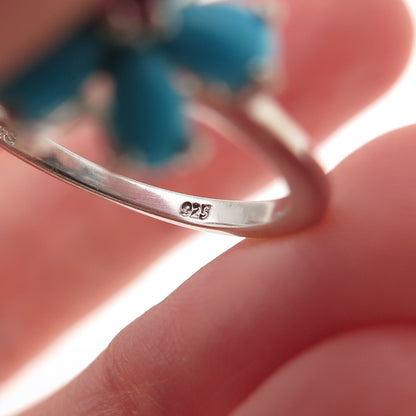 Chuck Clemency 925 Sterling Silver Real Turquoise & Ruby Flower Ring Size 8