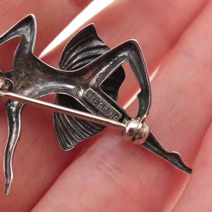 925 Sterling Silver Vintage Ballerina Repousse Oxidized Pin Brooch