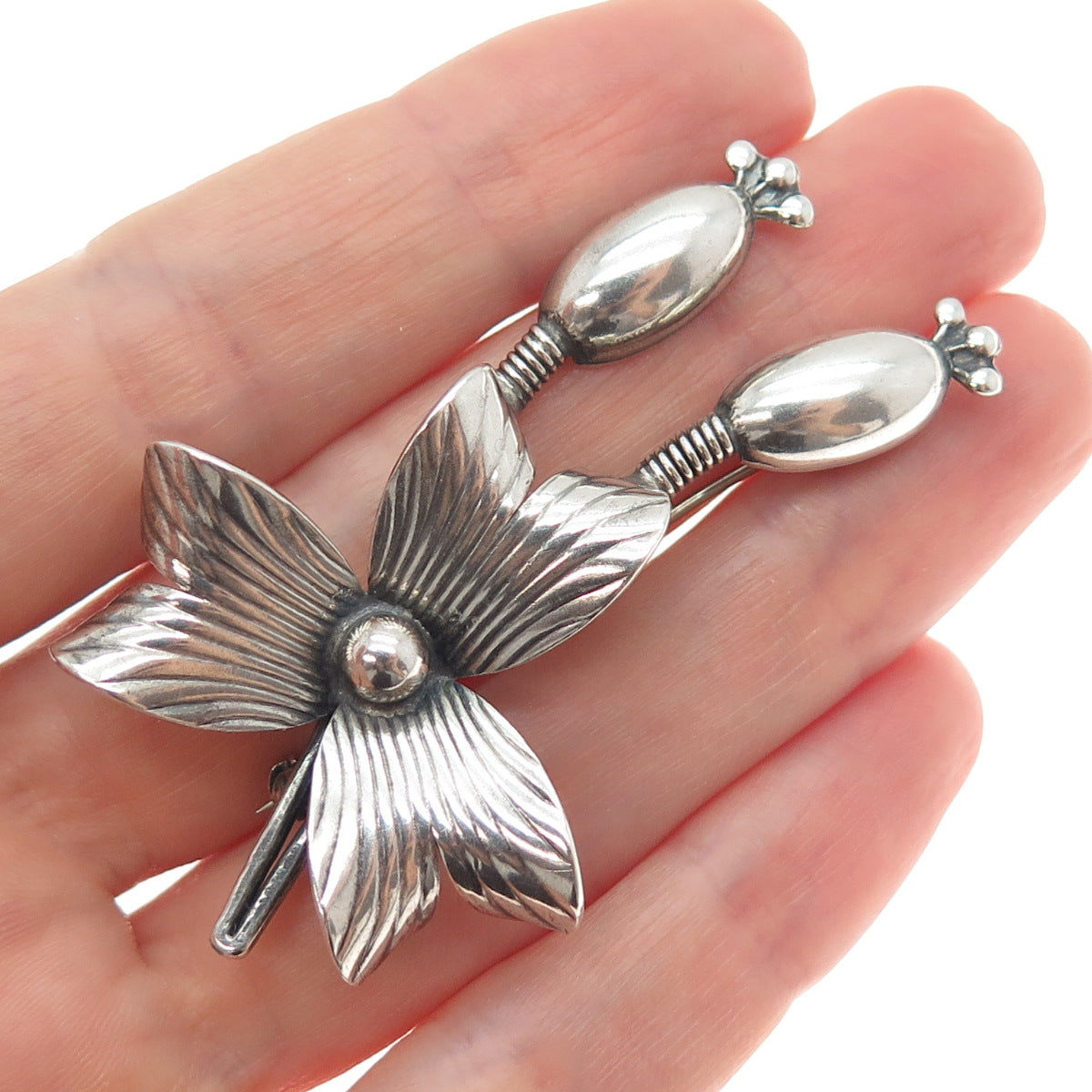CARL OVE FRYDENSBERG 925S Sterling Vintage Denmark Modernist Flower Pin Brooch