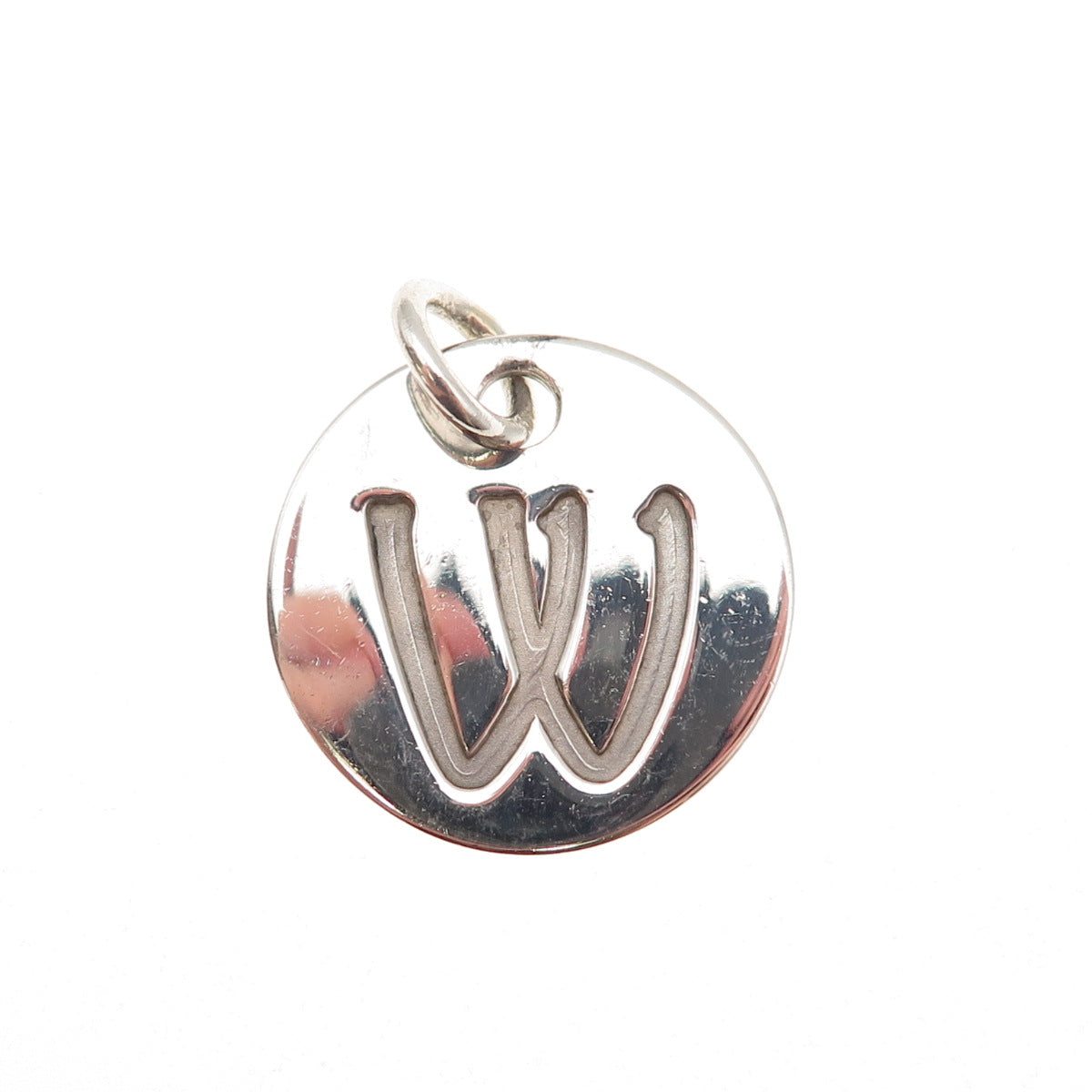 925 Sterling Silver Vintage Letter W Initial Round Tag Charm Pendant