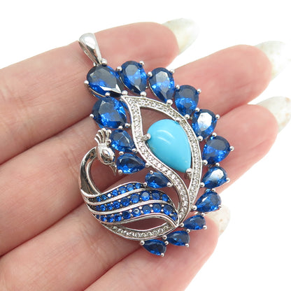 925 Sterling Silver Real Turquoise Blue & White Topaz Peacock Bird Pendant