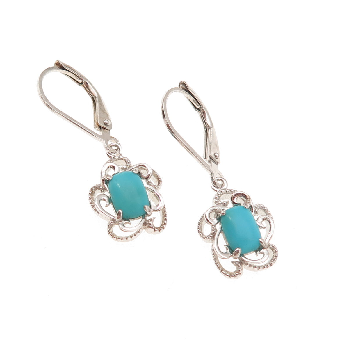 925 Sterling Silver Real Sleeping Beauty Turquoise Floral Dangle Earrings