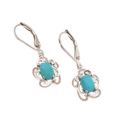 925 Sterling Silver Real Sleeping Beauty Turquoise Floral Dangle Earrings