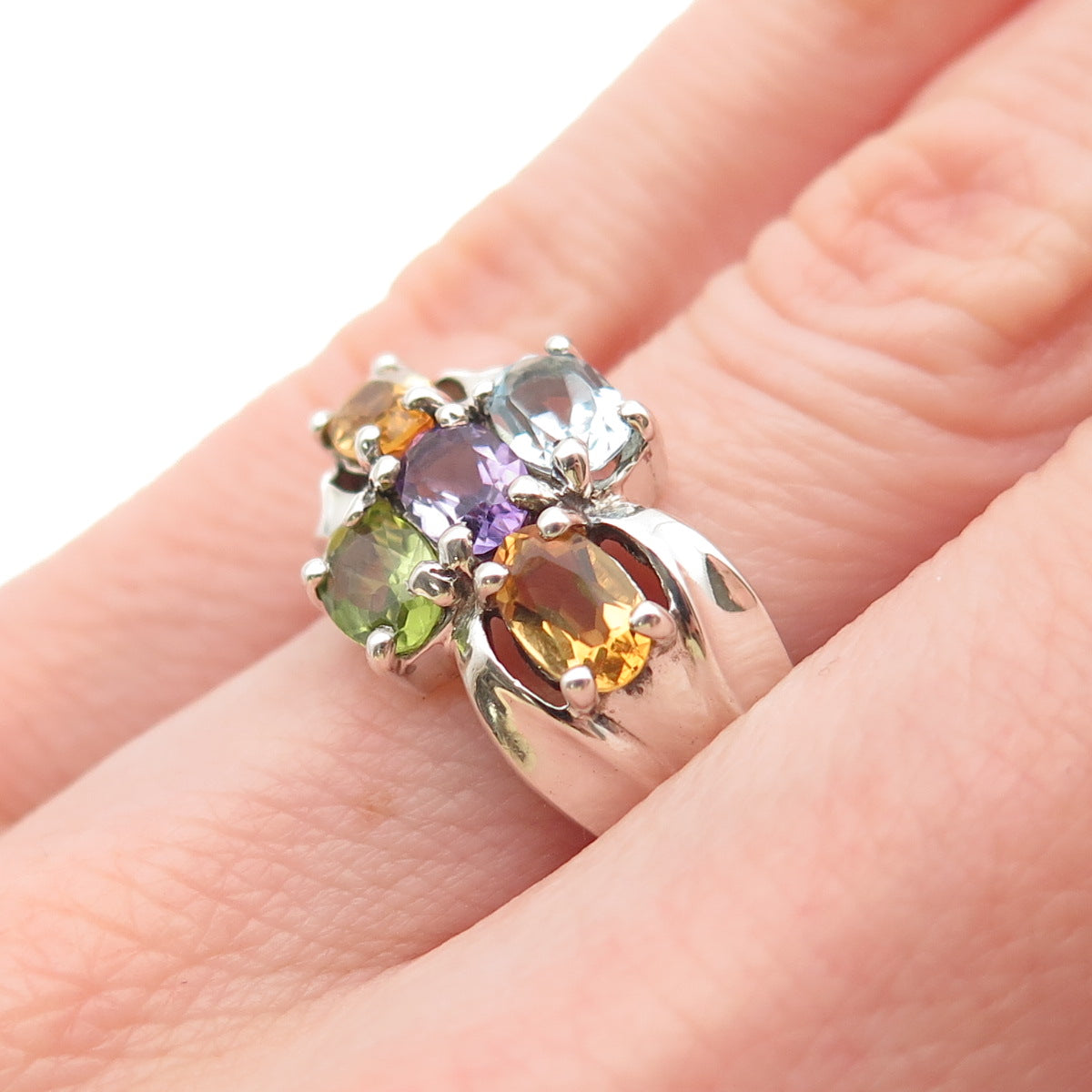 925 Sterling Silver Vintage Real Blue Topaz Amethyst Peridot Citrine Ring Size 6