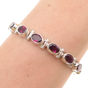 925 Sterling Silver Vintage Mexico Real Oval-Cut Rhodolite Bracelet 6-7"
