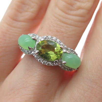 925 Sterling Silver Real Peridot Chalcedony & C Z Ring Size 7.5