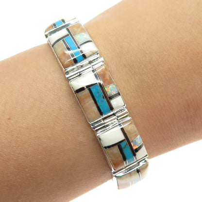 925 Sterling Vintage Southwestern Turquoise Agate Onyx Opal & MOP Bracelet 7.25"