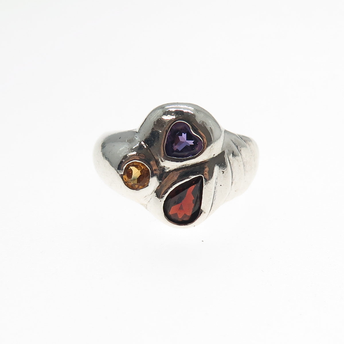 925 Sterling Silver Vintage Real Amethyst Citrine Red Garnet Heart Ring Size 6.5