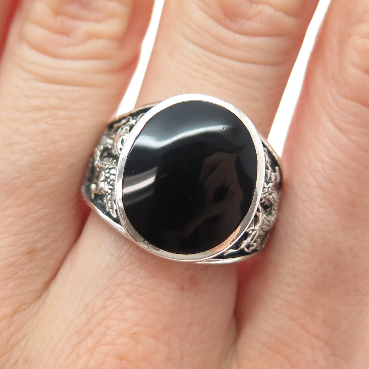 925 Sterling Silver Vintage Real Black Onyx Dragon Oxidized Ring Size 10.25