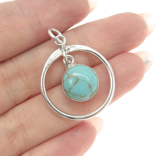 925 Sterling Silver Vintage Mexico Real Turquoise Circle Charm Pendant