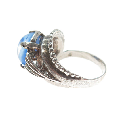 925 Sterling Silver Vintage Star Sapphire Imitation Modernist Ring Size 6.75