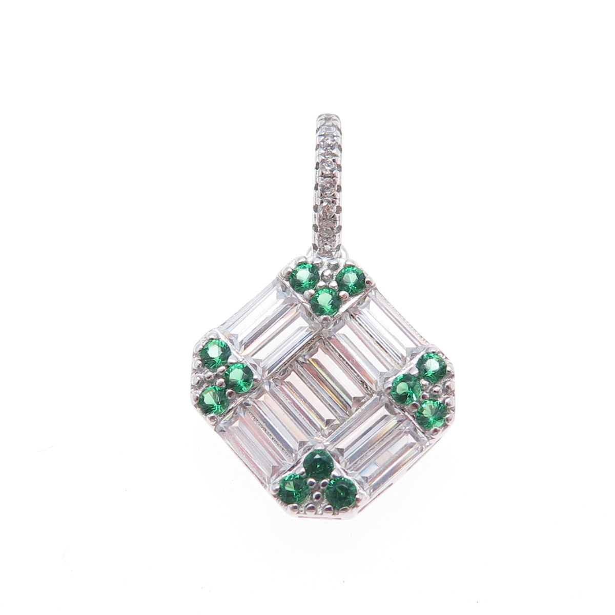 925 Sterling Silver Real Round-Cut Chrome Diopside & Baguette-Cut C Z Pendant