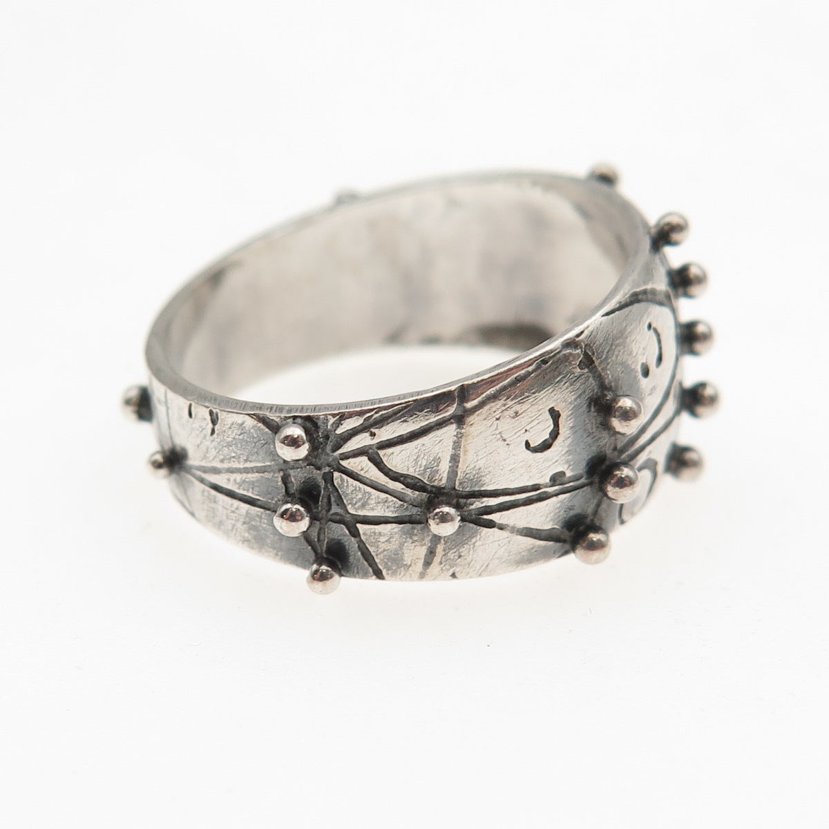 925 Sterling Silver Vintage Modernist Beaded Oxidized Ring Size 8.5